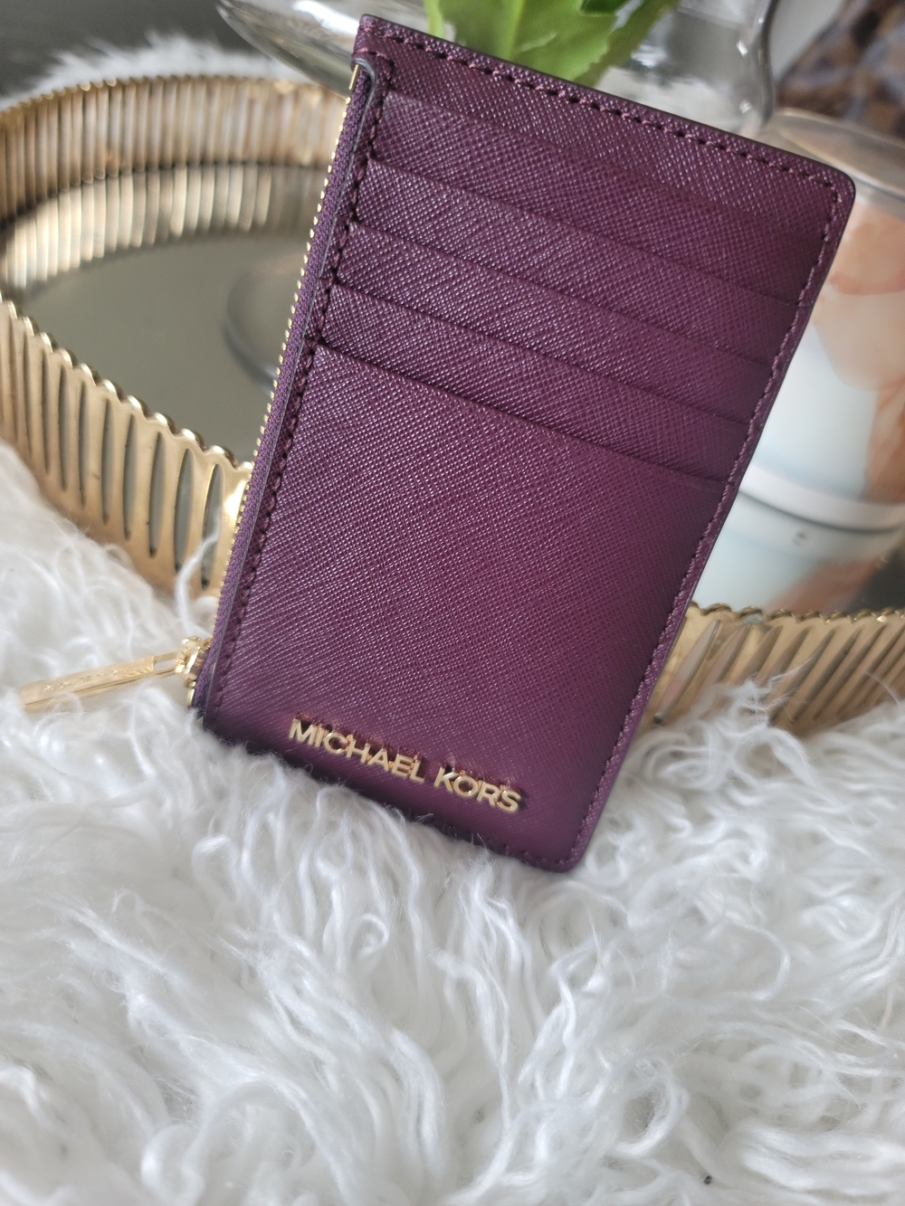 Michael Kors Deep Plum Saffiano Card Case with Gold Logo